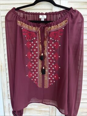 Altuzarra Burgundy Embroidered Tassel Peasant Tunic